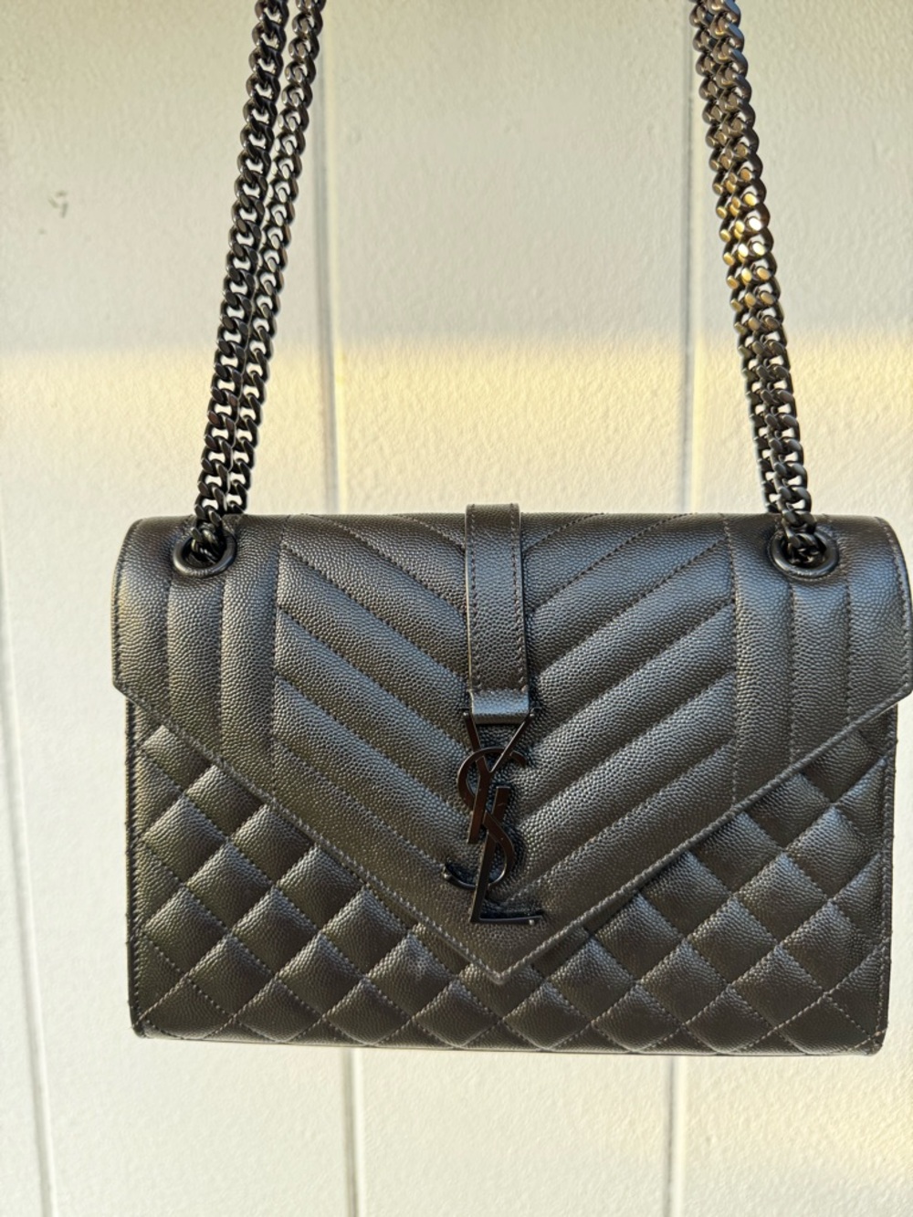 Saint Laurent Black Quilted Chevron Envelope Shoulder Bag with Chain Strap